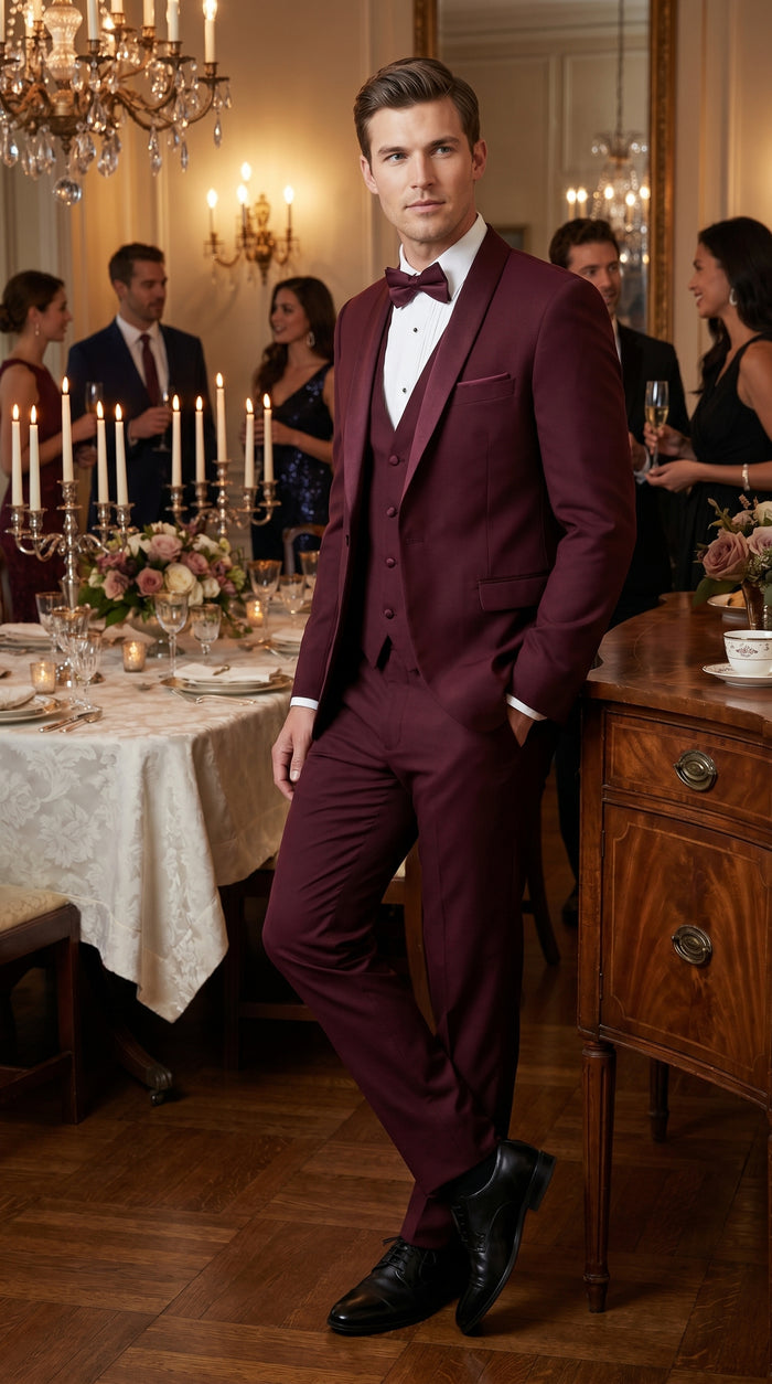 Men’s Burgundy Wool Vested Shawl Prom Tuxedo with One Button Jacket and Matching Pants