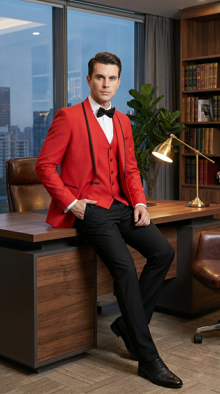 Men’s Red and Black One Button Shawl Tuxedo with Satin Trim, Formal Wedding Prom Dinner Suit
