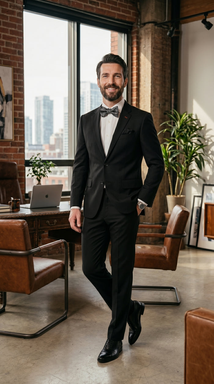 Statement Men’s 100% Wool 2 Piece Italian Made Suit, Subtle Texture Business Formal Suit in Black and Navy