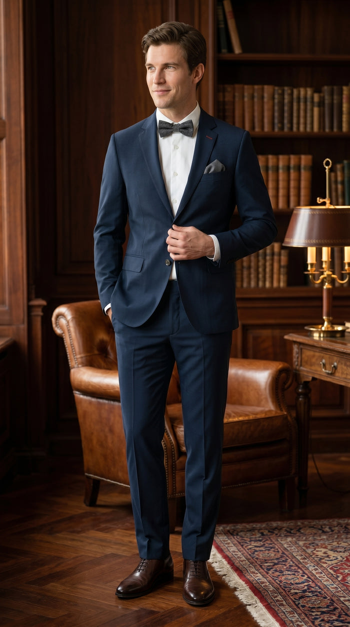 Statement Men’s 100% Wool 2 Piece Italian Made Suit, Subtle Texture Business Formal Suit in Black and Navy