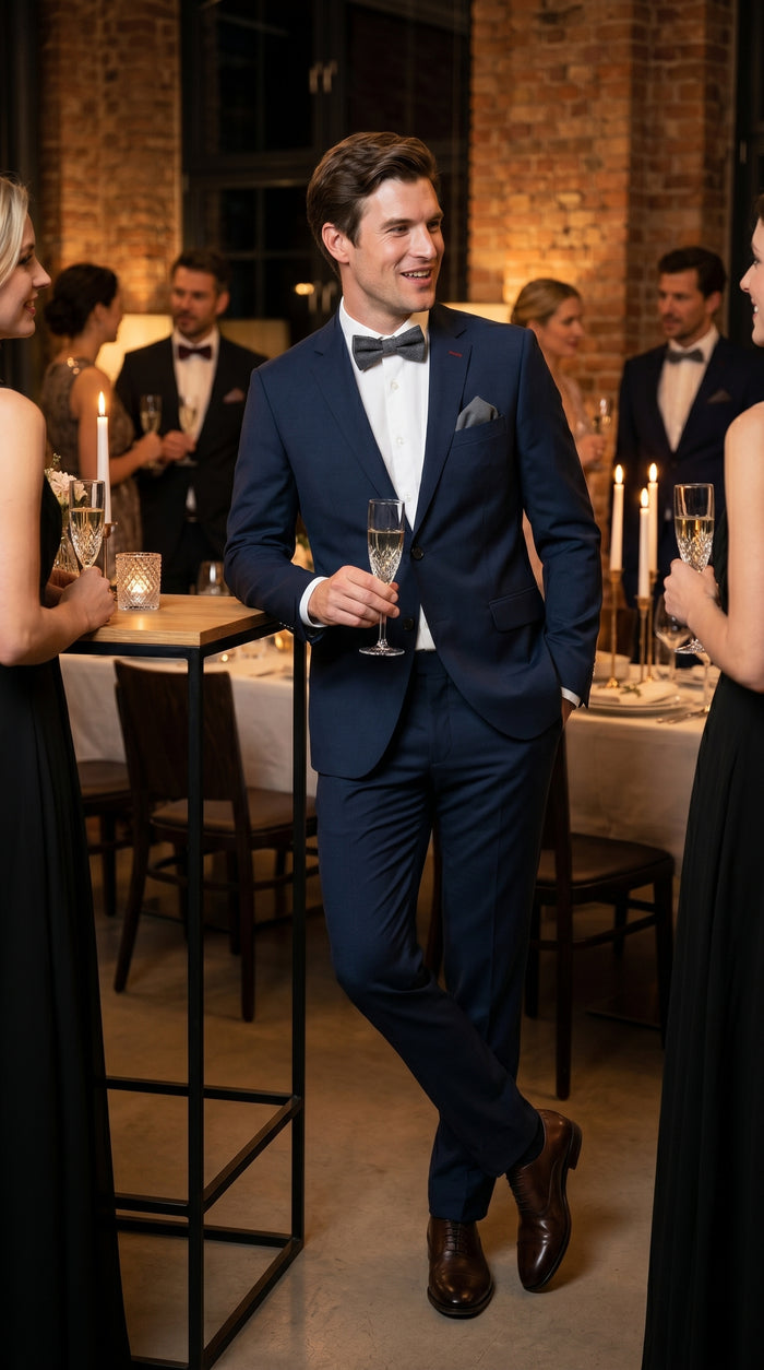 Statement Men’s 100% Wool 2 Piece Italian Made Suit, Subtle Texture Business Formal Suit in Black and Navy