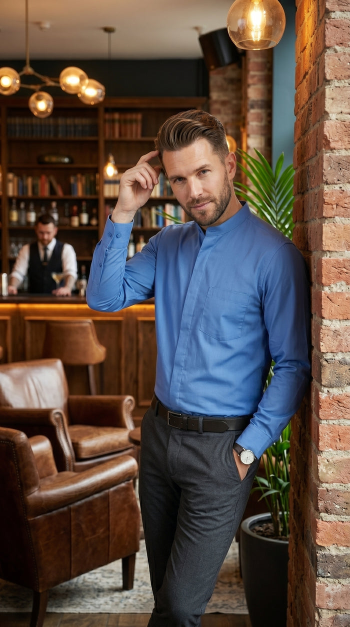 Men’s Cotton Blend Mandarin Collar Shirt, Banded Collar Dress Shirt in Yellow, Lavender, Khaki, Red, Grey, Pink, Mustard, Light Blue, Cream, French Blue, Olive, White, Brown, Purple and Green