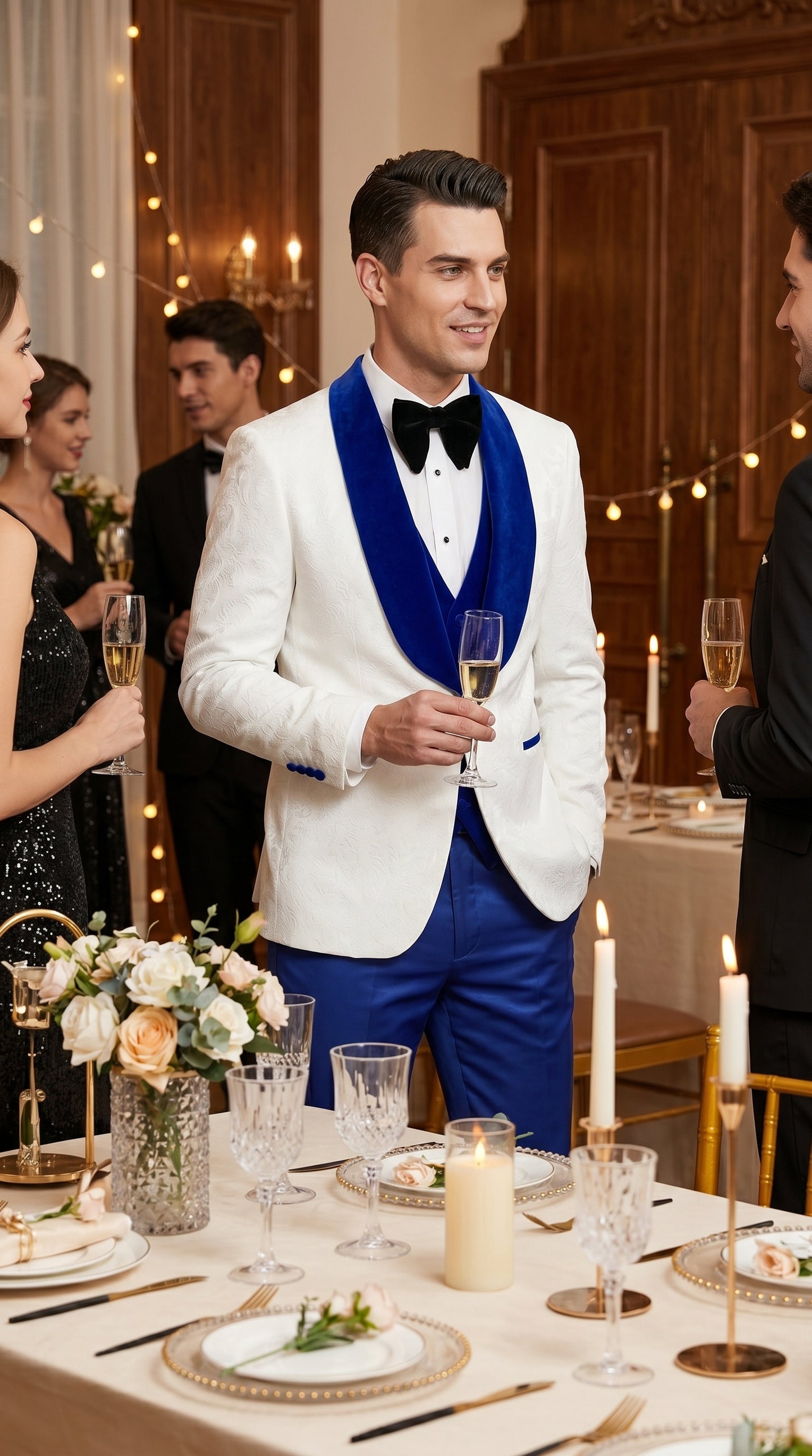 Men’s White Paisley Wedding Tuxedo with Royal Blue Velvet Shawl Lapel, Vested Prom Formal Suit Set