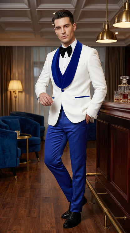 Men’s White Paisley Wedding Tuxedo with Royal Blue Velvet Shawl Lapel, Vested Prom Formal Suit Set