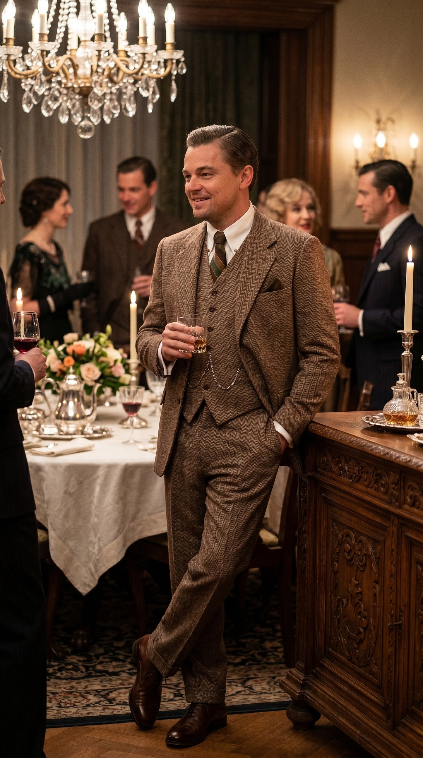 Men’s Light Brown Tweed Herringbone 3 Piece Great Gatsby Suit, Vested Vintage Wedding Formal Suit Set