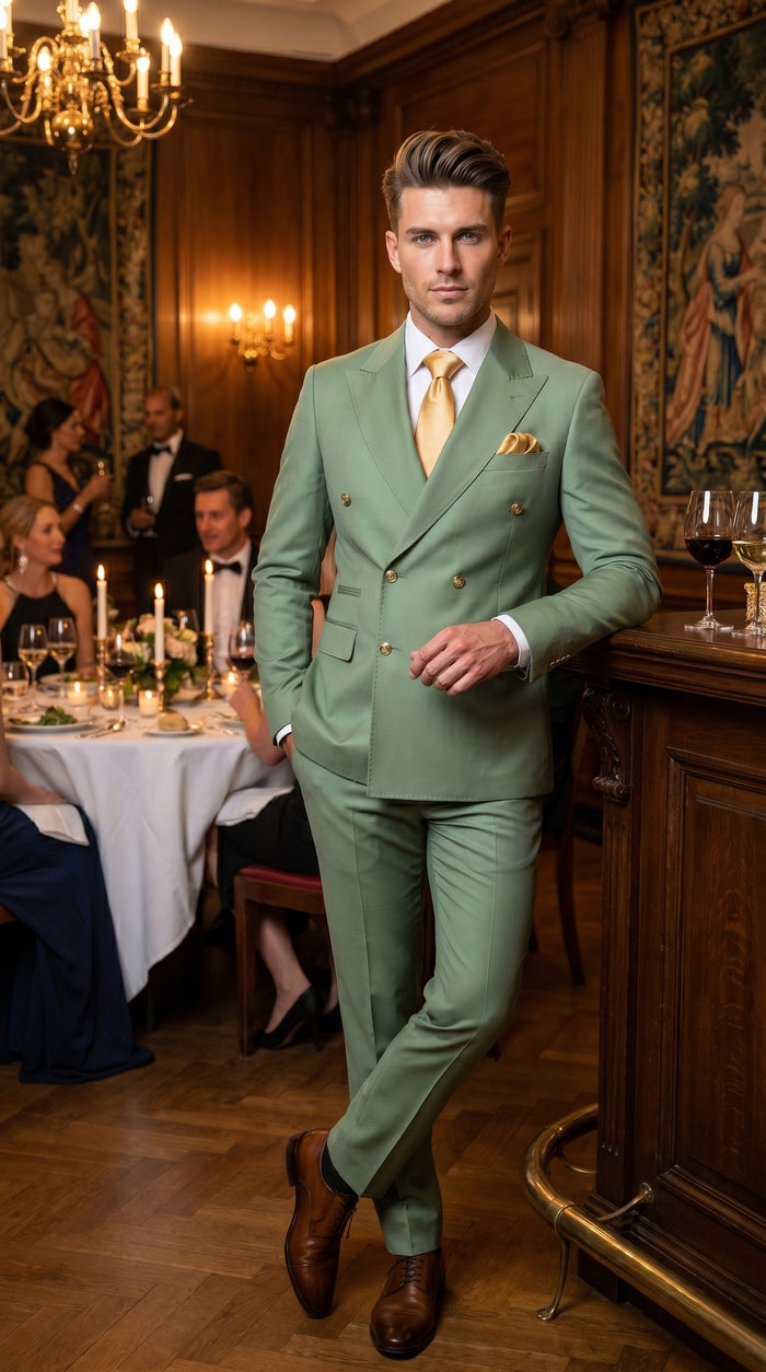 Men’s Sage Green Double Breasted 2 Piece Suit with Gold Buttons, Pistachio Formal Dress Suit