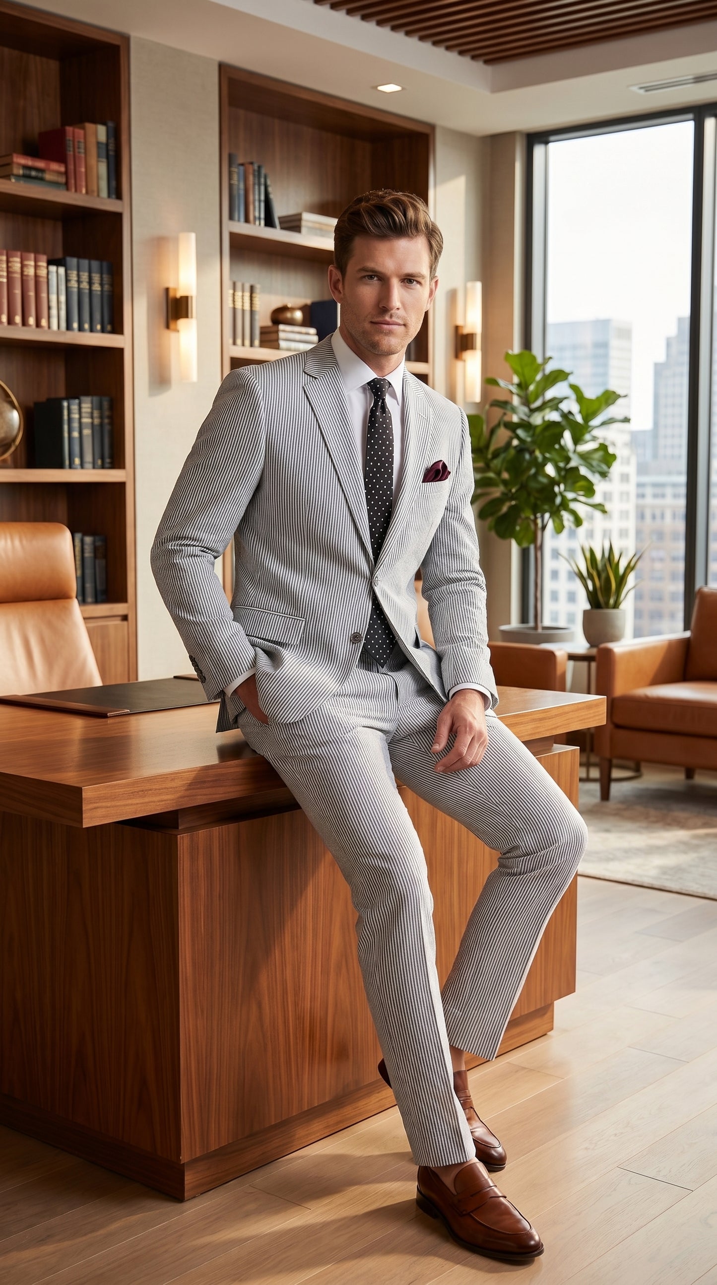 Men’s Black Pinstripe Summer Seersucker 2 Piece Suit with Jacket and Matching Pants