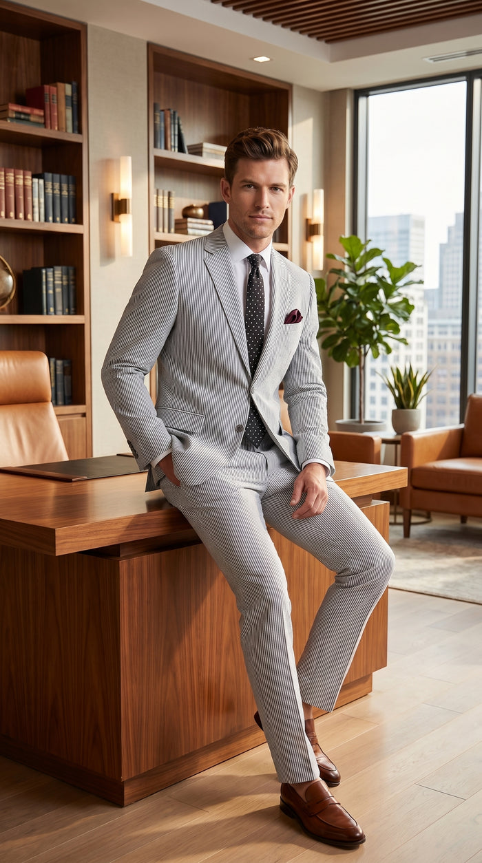 Men’s Black Pinstripe Summer Seersucker 2 Piece Suit with Jacket and Matching Pants
