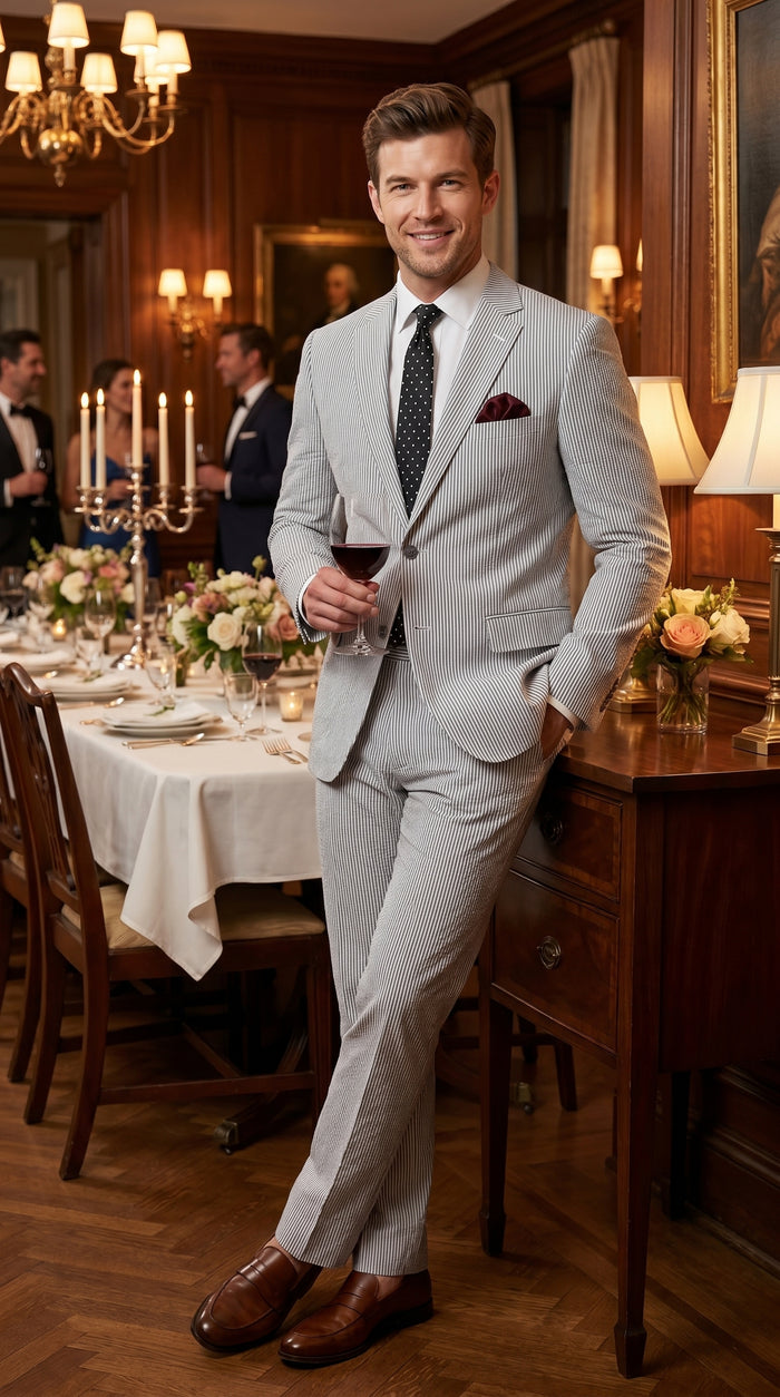 Men’s Black Pinstripe Summer Seersucker 2 Piece Suit with Jacket and Matching Pants