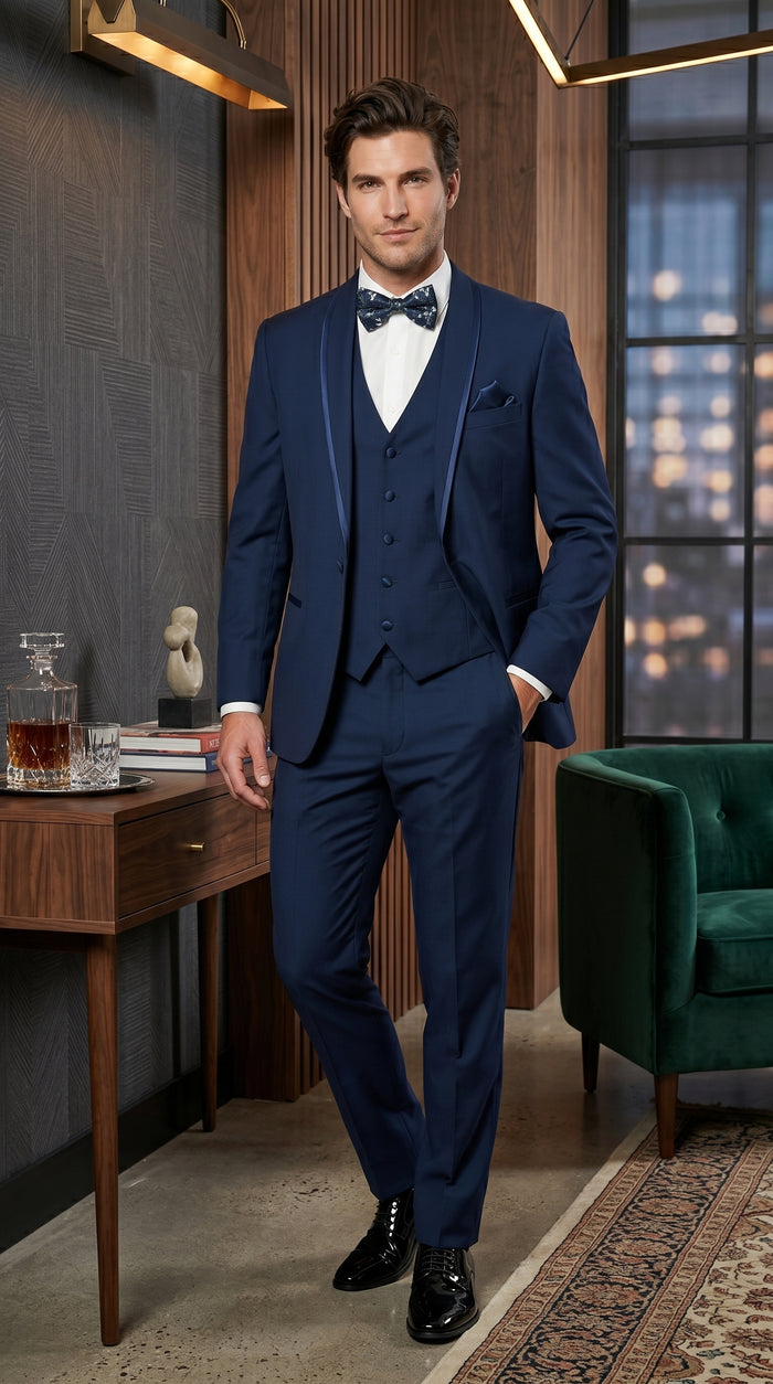 Men’s Sapphire Blue Vested Shawl Lapel Tuxedo with Satin Trim, Formal Wedding Prom Dinner Suit Set