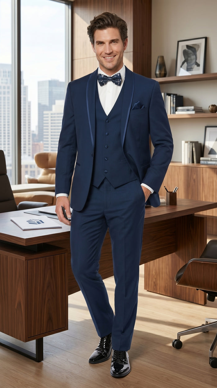 Men’s Sapphire Blue Vested Shawl Lapel Tuxedo with Satin Trim, Formal Wedding Prom Dinner Suit Set