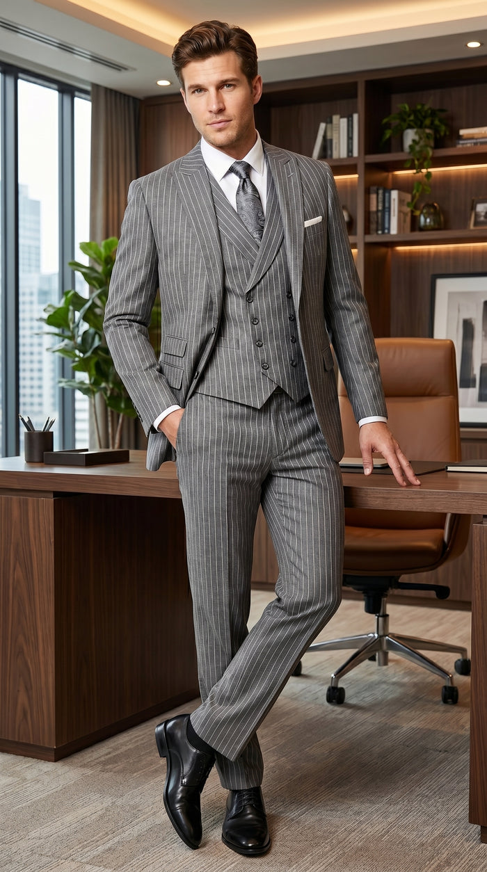 Men’s Gray Gangster Pinstripe 3 Piece Suit with 2 Button Jacket and Double Breasted Vest