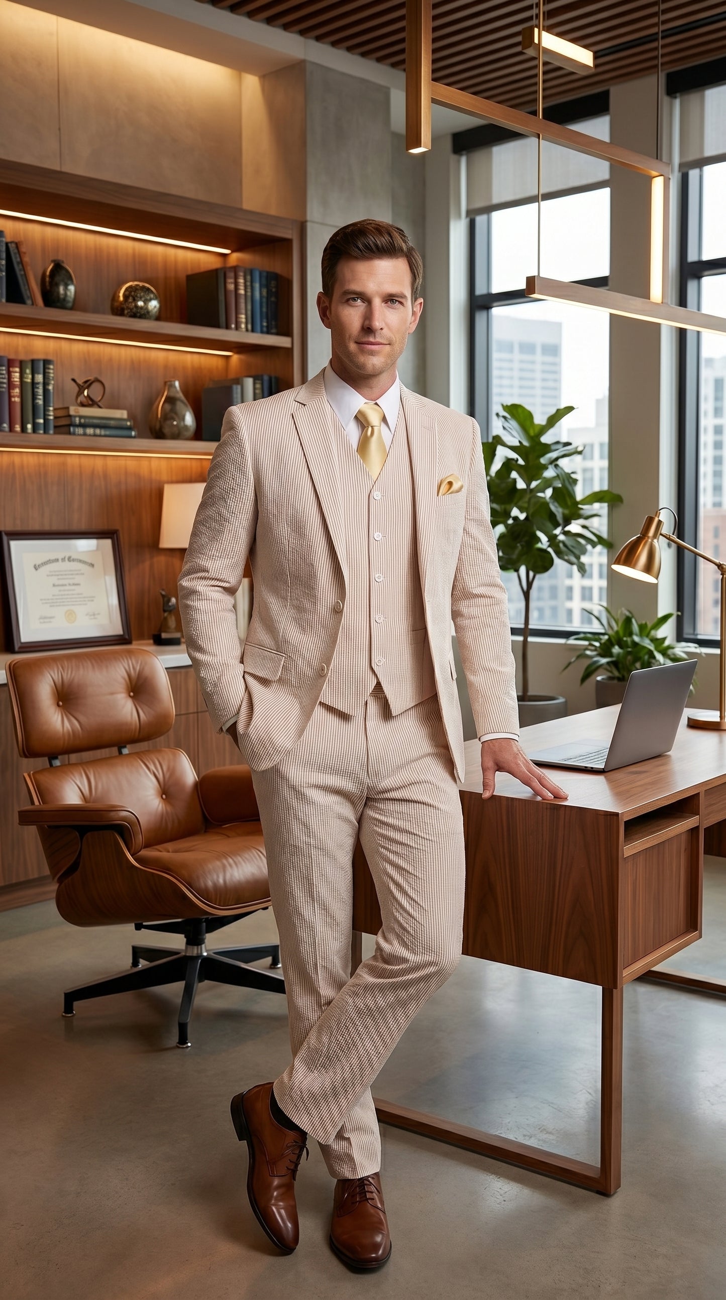 Men’s Tan Seersucker Summer Suit with 2 Button Jacket, Vest and Matching Pants