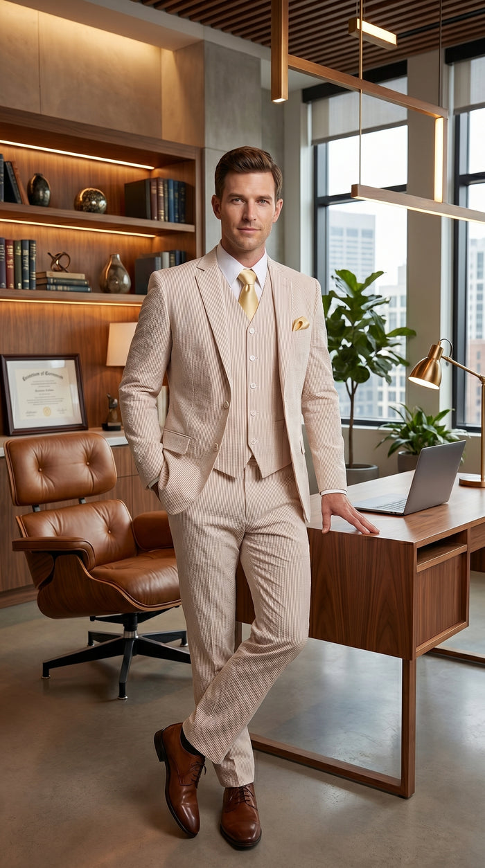 Men’s Tan Seersucker Summer Suit with 2 Button Jacket, Vest and Matching Pants