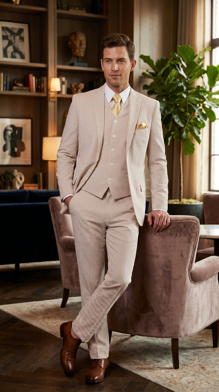 Men’s Tan Seersucker Summer Suit with 2 Button Jacket, Vest and Matching Pants