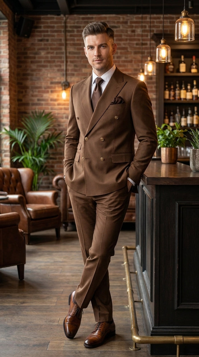 Rossi Man Men’s Brown Double Breasted Suit, Modern Fit Formal Wedding Business Dress Suit