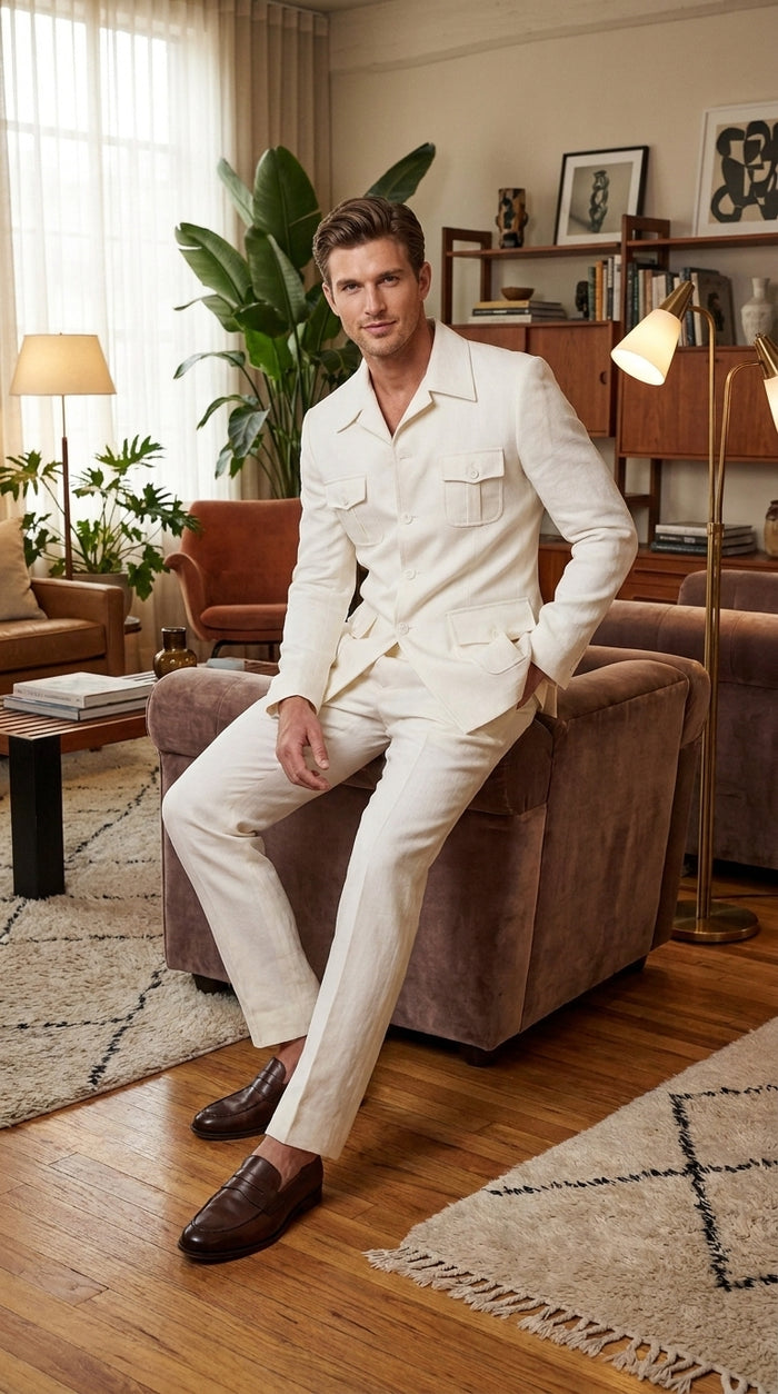 Men’s Off White Casual Safari Suit BP8102, Pocket Front Shirt Jacket and Pants Set
