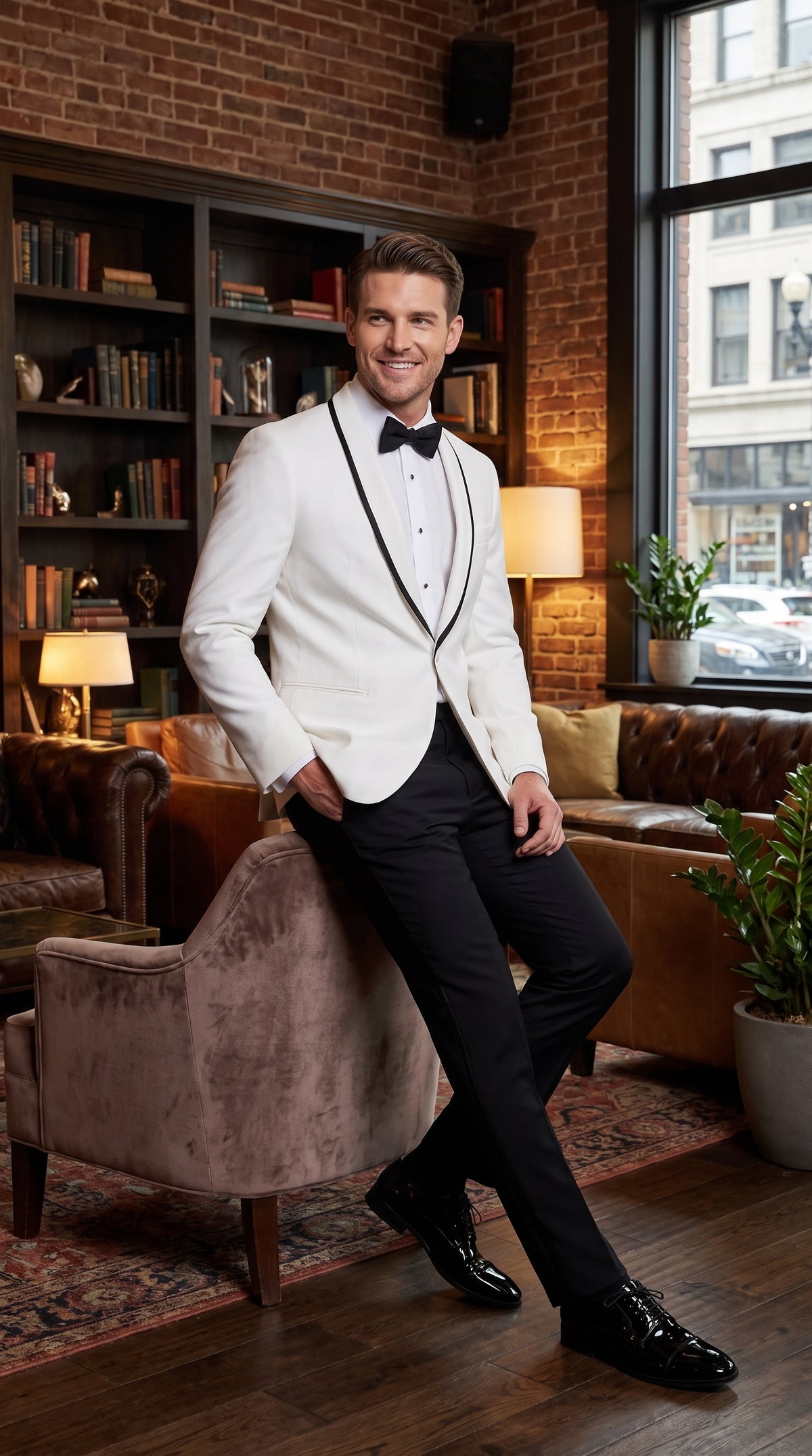 Men’s White and Black Trim Prom Tuxedo Suit, Shawl Collar Wedding Jacket with Pants and Vest