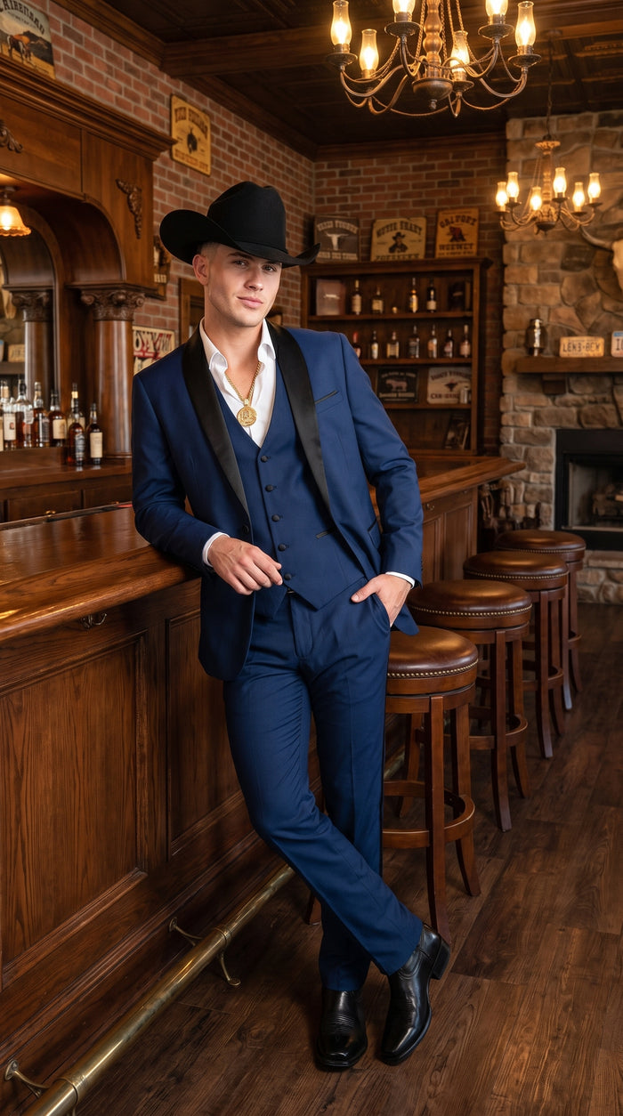 Men’s Sapphire Indigo Western Tuxedo Suit – Cobalt Blue Cowboy Formal Suit with Black Shawl Collar, Vest & Pants