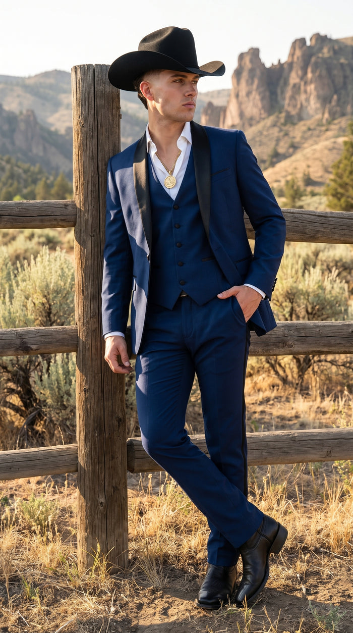 Men’s Sapphire Indigo Western Tuxedo Suit – Cobalt Blue Cowboy Formal Suit with Black Shawl Collar, Vest & Pants