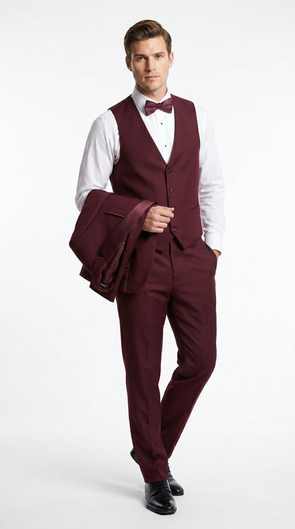 Men’s Burgundy Wool Vested Shawl Prom Tuxedo with One Button Jacket and Matching Pants