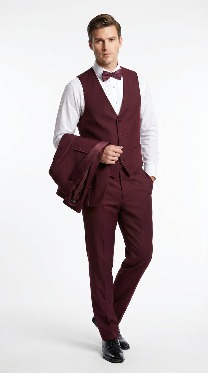 Men’s Burgundy Wool Vested Shawl Prom Tuxedo with One Button Jacket and Matching Pants