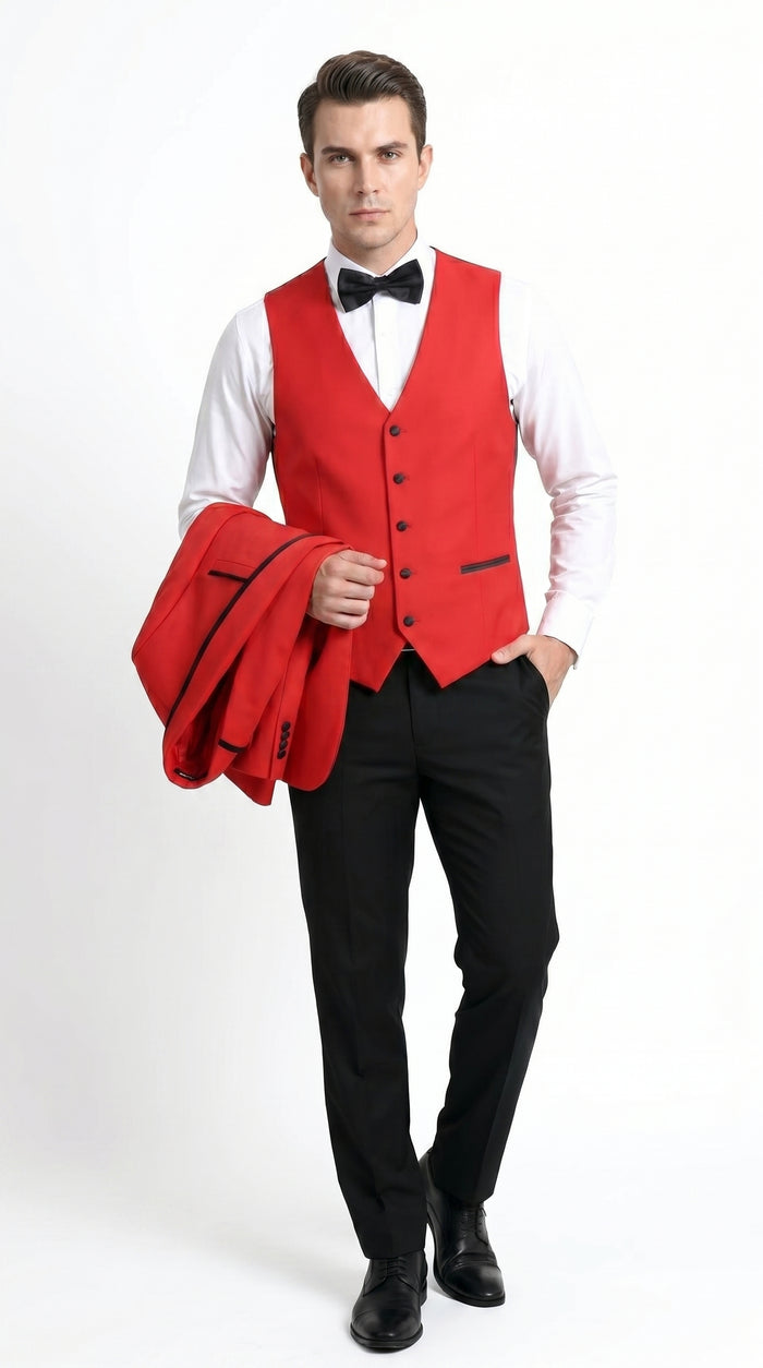 Men’s Red and Black One Button Shawl Tuxedo with Satin Trim, Formal Wedding Prom Dinner Suit