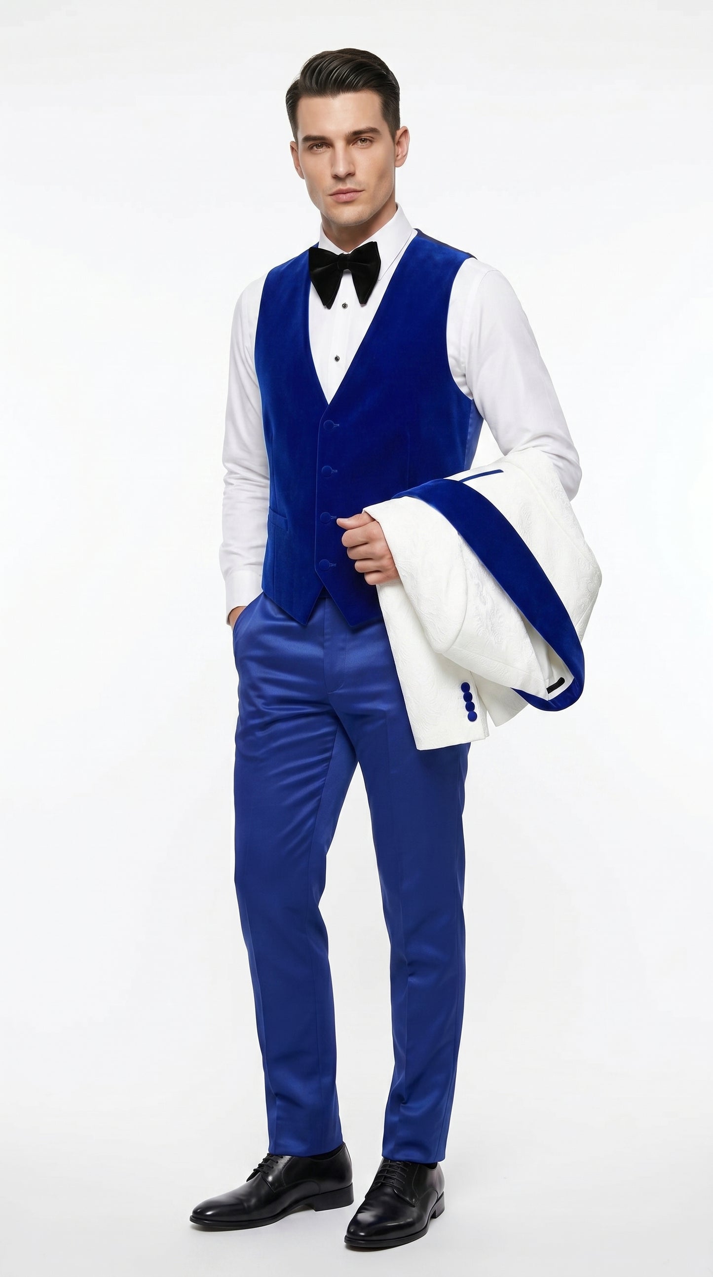 Men’s White Paisley Wedding Tuxedo with Royal Blue Velvet Shawl Lapel, Vested Prom Formal Suit Set