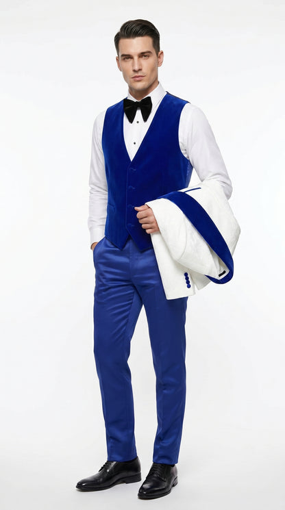 Men’s White Paisley Wedding Tuxedo with Royal Blue Velvet Shawl Lapel, Vested Prom Formal Suit Set