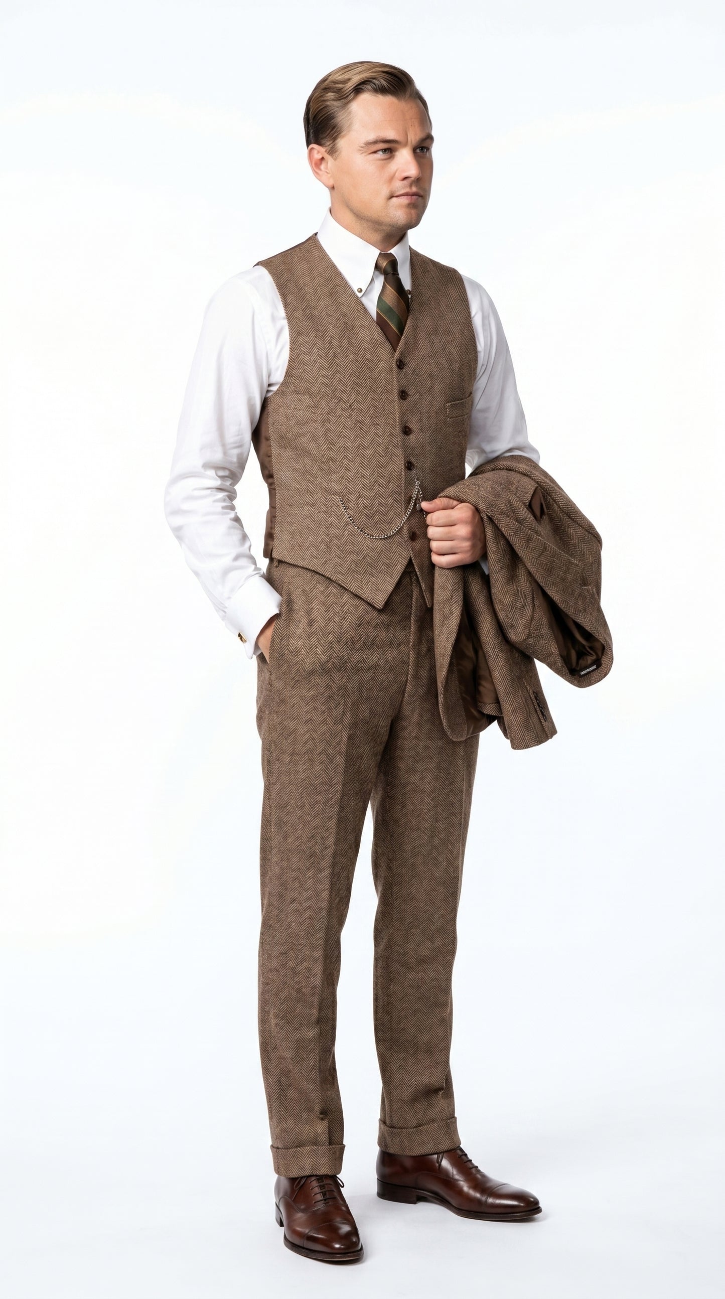 Men’s Light Brown Tweed Herringbone 3 Piece Great Gatsby Suit, Vested Vintage Wedding Formal Suit Set
