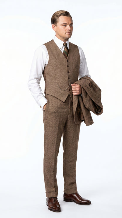 Men’s Light Brown Tweed Herringbone 3 Piece Great Gatsby Suit, Vested Vintage Wedding Formal Suit Set