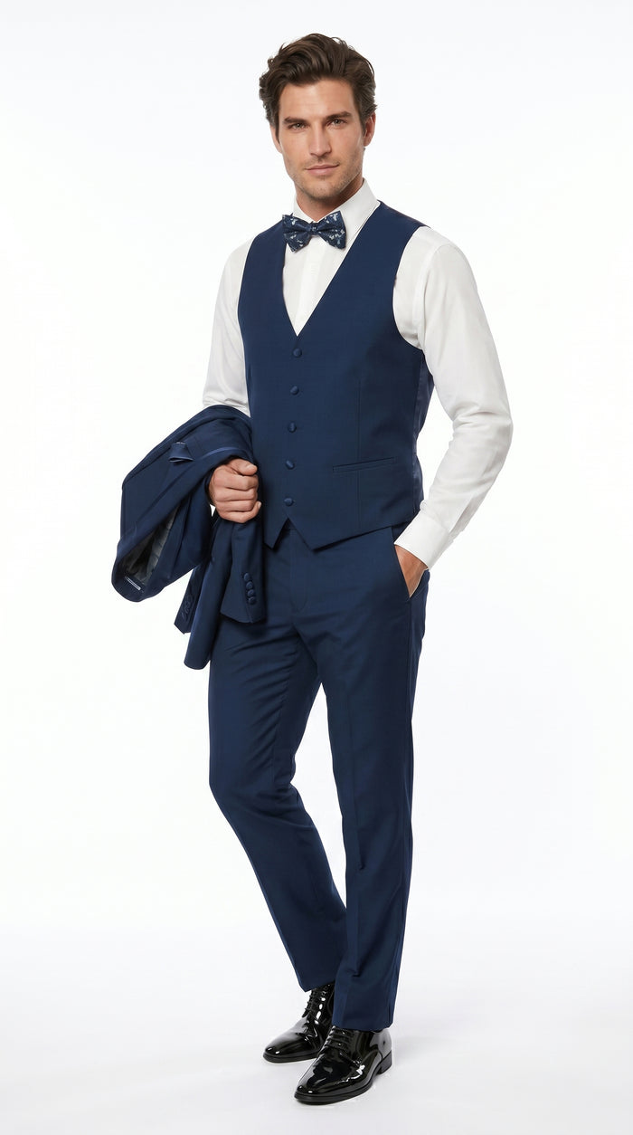 Men’s Sapphire Blue Vested Shawl Lapel Tuxedo with Satin Trim, Formal Wedding Prom Dinner Suit Set