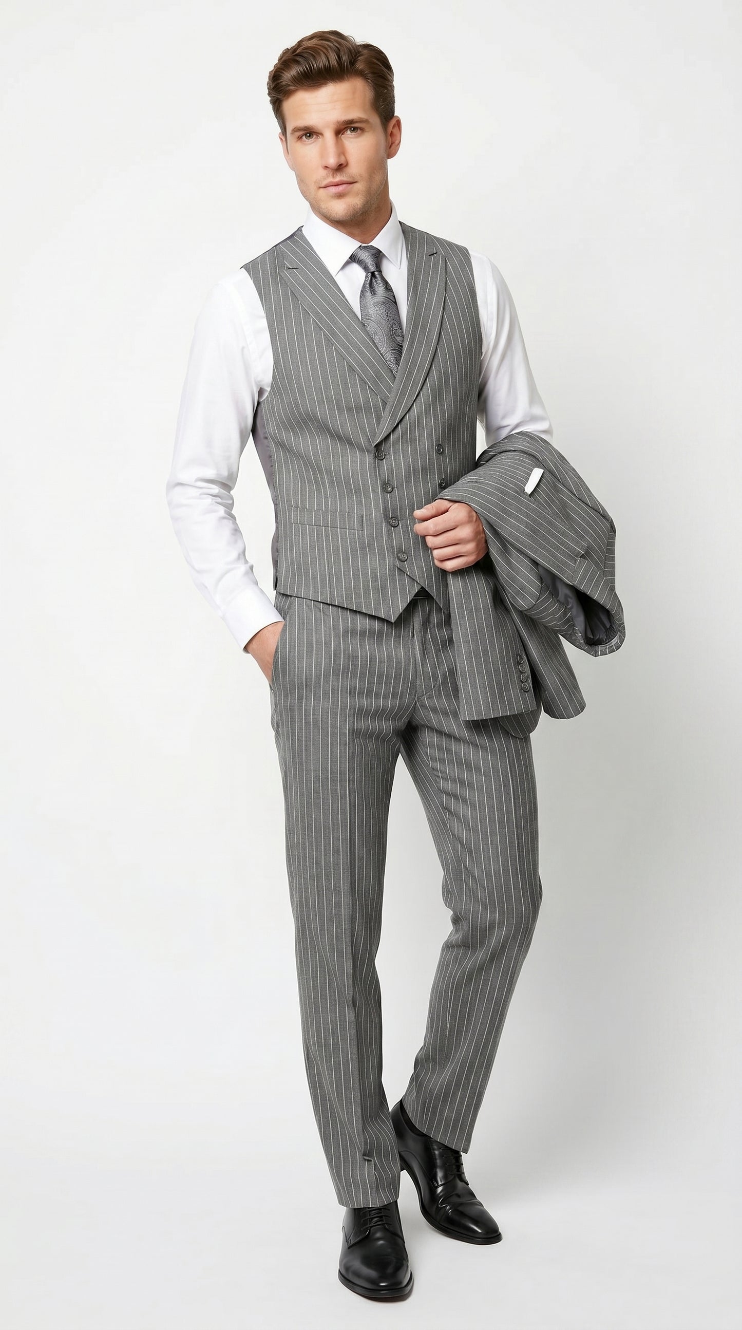 Men’s Gray Gangster Pinstripe 3 Piece Suit with 2 Button Jacket and Double Breasted Vest