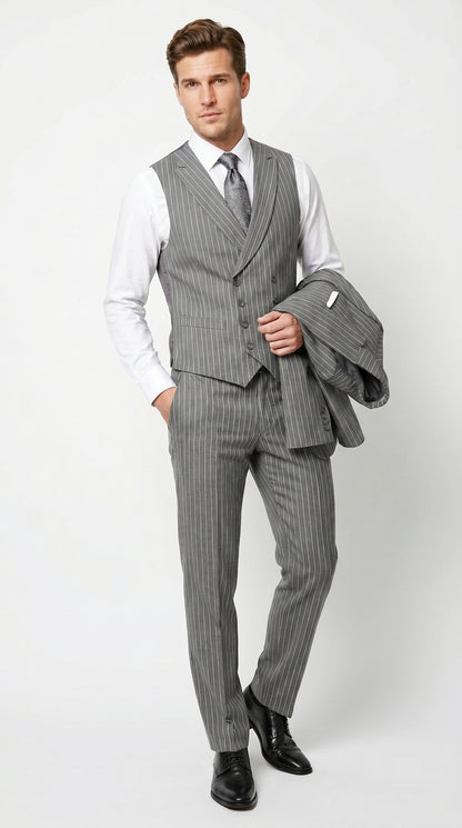 Men’s Gray Gangster Pinstripe 3 Piece Suit with 2 Button Jacket and Double Breasted Vest
