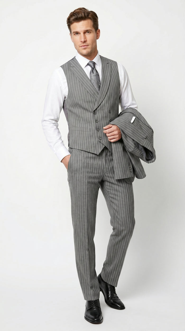 Men’s Gray Gangster Pinstripe 3 Piece Suit with 2 Button Jacket and Double Breasted Vest