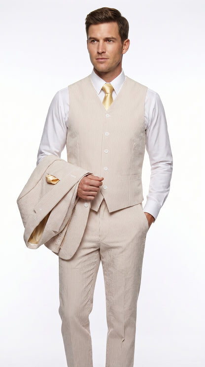 Men’s Tan Seersucker Summer Suit with 2 Button Jacket, Vest and Matching Pants