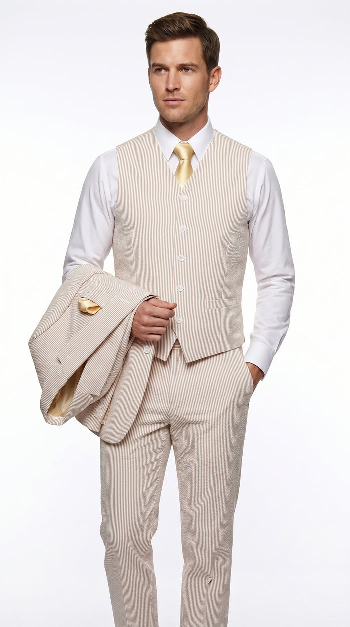 Men’s Tan Seersucker Summer Suit with 2 Button Jacket, Vest and Matching Pants