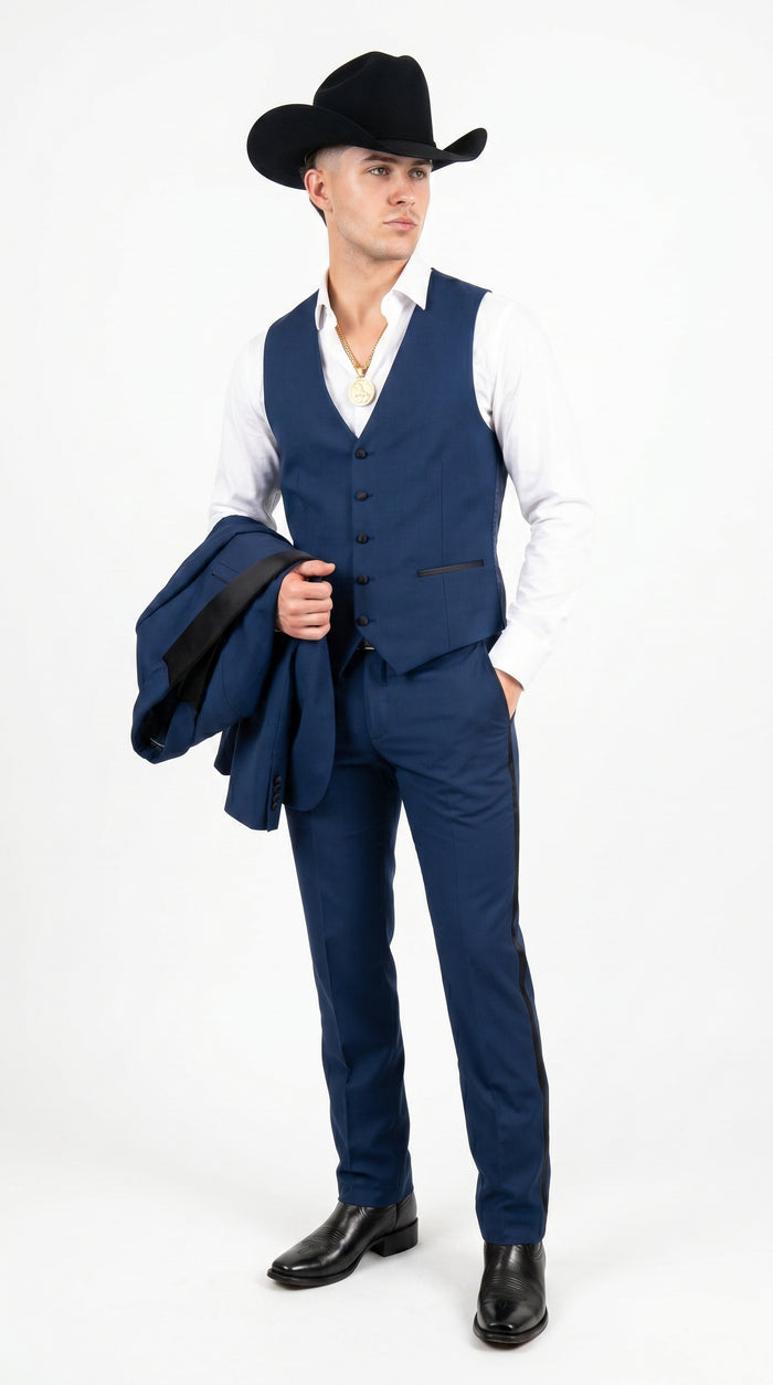 Men’s Sapphire Indigo Western Tuxedo Suit – Cobalt Blue Cowboy Formal Suit with Black Shawl Collar, Vest & Pants