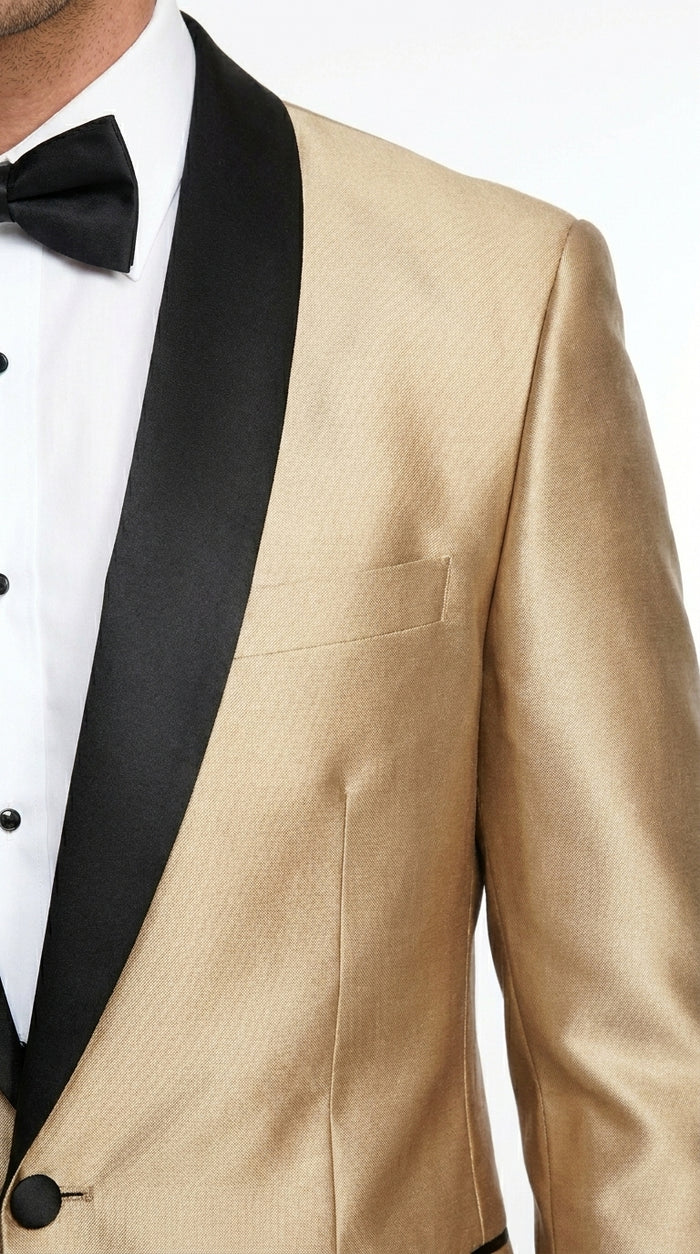 Men’s Gold Shiny Sharkskin Tuxedo with One Button Jacket, Black Shawl Lapel and Matching Pants