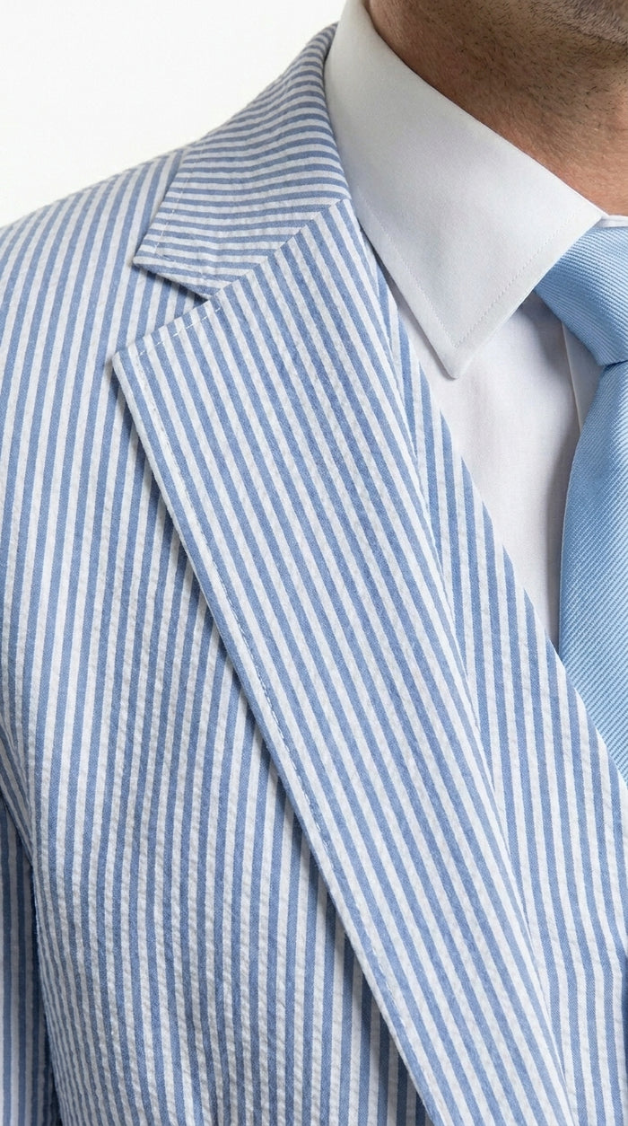 Men’s Light Blue Seersucker Jacket + Pants Suit with 2 Button Jacket, Summer Wedding Formal Dress Suit