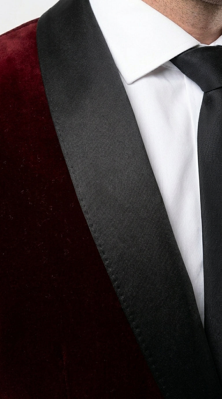 Men's One Button Velvet Shawl BMen’s Burgundy Velvet One Button Tuxedo Jacket, Black Shawl Collar Formal Dinner Blazer for Weddings, Prom, Parties, and Special Occasionsurgundy Collar Tuxedo Jacket