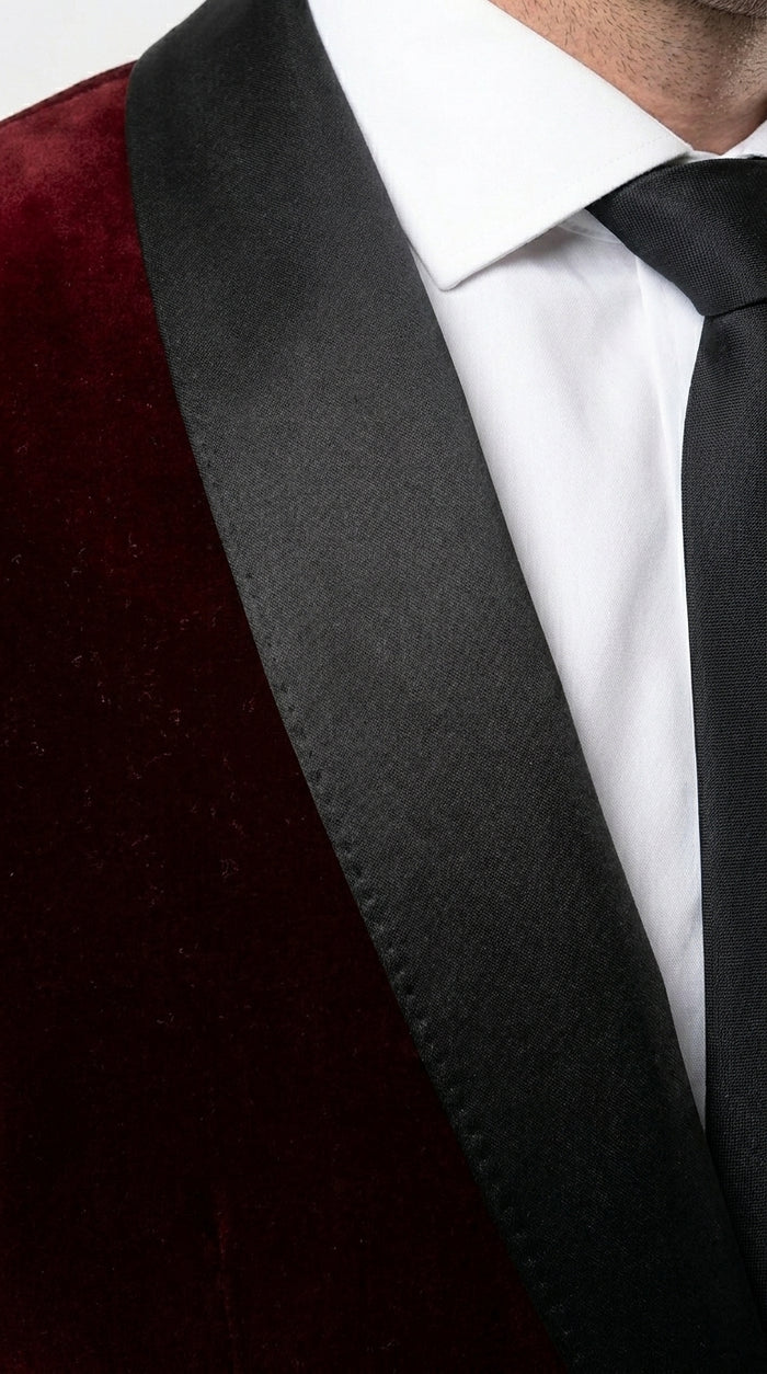 Men's One Button Velvet Shawl BMen’s Burgundy Velvet One Button Tuxedo Jacket, Black Shawl Collar Formal Dinner Blazer for Weddings, Prom, Parties, and Special Occasionsurgundy Collar Tuxedo Jacket