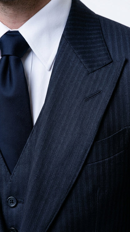 Men’s Navy Herringbone Textured 3 Piece Suit Set, Classic Formal Blazer, Waistcoat and Trouser Outfit