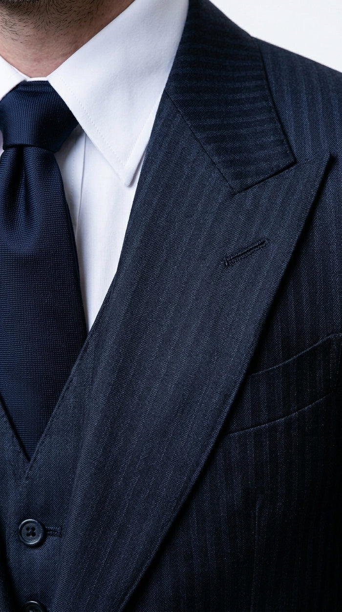 Men’s Navy Herringbone Textured 3 Piece Suit Set, Classic Formal Blazer, Waistcoat and Trouser Outfit