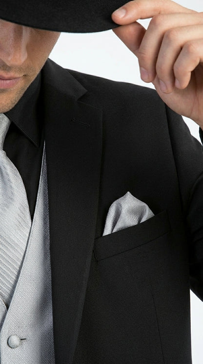 Men’s Black 2 Button Trim Cowboy Suit with Silver Waistcoat, Country Wedding Formal Suit Set