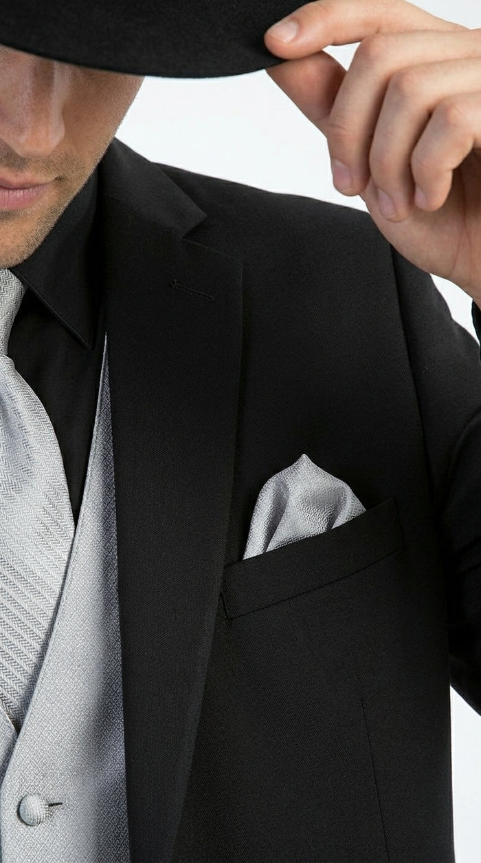 Men’s Black 2 Button Trim Cowboy Suit with Silver Waistcoat, Country Wedding Formal Suit Set
