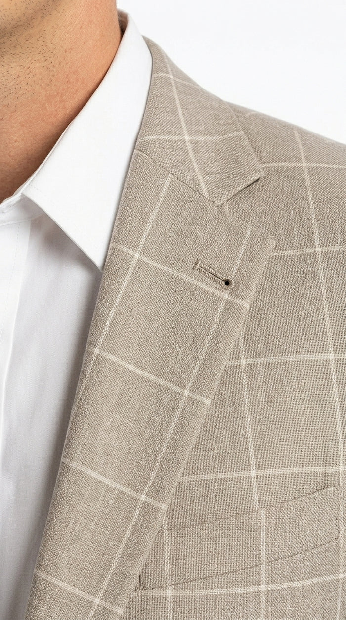 Men’s Light Tan Windowpane Plaid Western Blazer, Cowboy Sport Coat for Business Casual and Summer Events