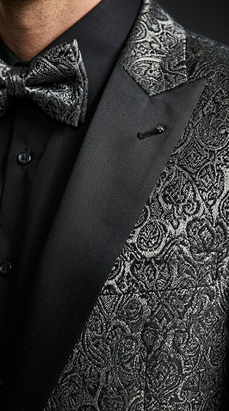 Men’s Black Patterned Tuxedo Suit, Wedding Prom Formal Dinner Suit with Satin Lapel