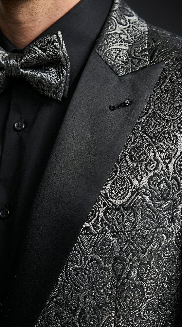 Men’s Black Patterned Tuxedo Suit, Wedding Prom Formal Dinner Suit with Satin Lapel