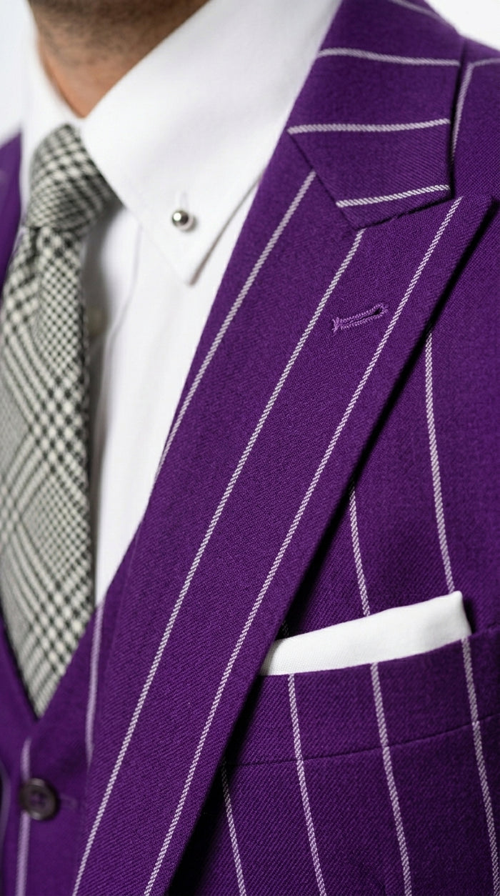 Men’s Purple Pinstripe 1920s Gangster Suit, Vintage Formal 3 Piece Wedding Prom Suit Set
